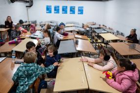 Schoolchildren took shelter during an air raid in the secondary school of the village of Mykhailivka-Rubezhivka near Irpen