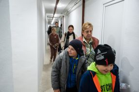Schoolchildren took shelter during an air raid in the secondary school of the village of Mykhailivka-Rubezhivka near Irpen