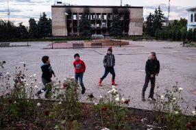Boys in the de-occupied town of Izyum
