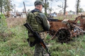 The   burned-out MTLB tractor in Prudyanka village
