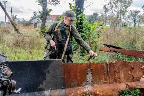 The   burned-out MTLB tractor in Prudyanka village