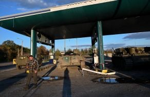 Military equipment at a gas station near Kupyansk