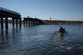 The destroyed bridge across the Siverskyi Donets river