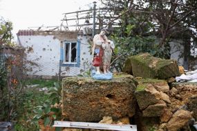 Destroyed residential building in  Vysokopolye village