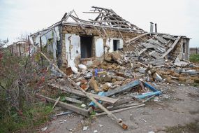 Destroyed residential building in  Vysokopolye village