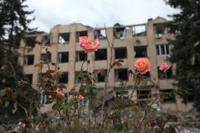 The destroyed building of the village council, where the Russian occupiers were located, in  Vysokopolye village (Kherson region)