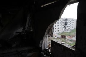 Destroyed house in Arkhangelsk village, Kherson region