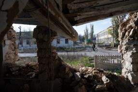 Destroyed house in Arkhangelsk village, Kherson region