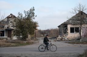 Destroyed houses in Arkhangelsk village, Kherson region