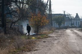 Destroyed house in Arkhangelsk village, Kherson region