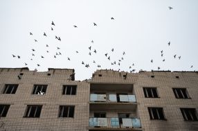 Destroyed house in Arkhangelsk village, Kherson region