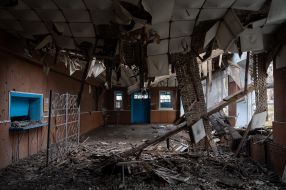 Destroyed house in Arkhangelsk village, Kherson region