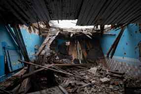 Destroyed house in Arkhangelsk village, Kherson region
