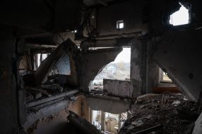 Destroyed house in Arkhangelsk village, Kherson region