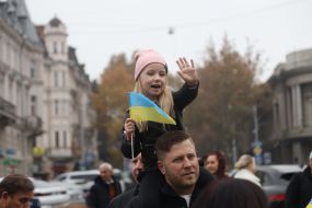 Residents of Kherson, who evacuated to Odessa, celebrate the liberation of their native city near the Opera House