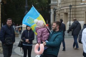 Residents of Kherson, who evacuated to Odessa, celebrate the liberation of their native city near the Opera House