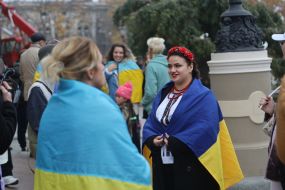 Residents of Kherson, who evacuated to Odessa, celebrate the liberation of their native city near the Opera House