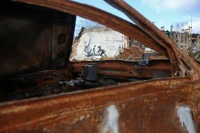 Graffiti of the British street artist Banksy in Borodyanka