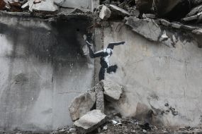 Graffiti of the British street artist Banksy in Borodyanka