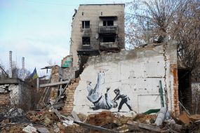 Graffiti of the British street artist Banksy in Borodyanka