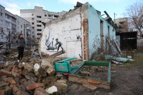 Graffiti of the British street artist Banksy in Borodyanka