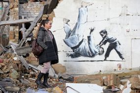 Graffiti of the British street artist Banksy in Borodyanka