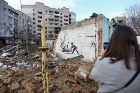 Graffiti of the British street artist Banksy in Borodyanka