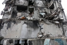 Graffiti of the British street artist Banksy in Borodyanka