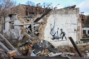 Graffiti of the British street artist Banksy in Borodyanka