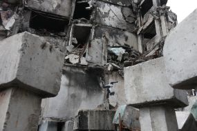 Graffiti of the British street artist Banksy in Borodyanka