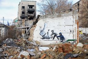 Graffiti of the British street artist Banksy in Borodyanka