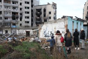 Graffiti of the British street artist Banksy in Borodyanka