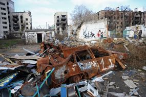 Graffiti of the British street artist Banksy in Borodyanka