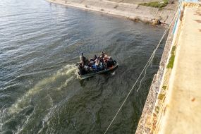 Boat crossing through the Pechenezh reservoir in Stary Saltov village