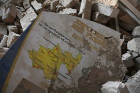 Map of the Kherson region in the destroyed school in Posad-Pokrovskoe village (Kherson region)