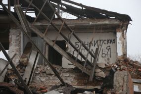 A destroyed house in  Snigurivka city , Mykolaiv Oblast