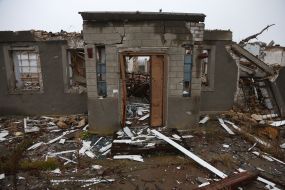 A destroyed house in  Snigurivka city , Mykolaiv Oblast