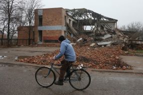 A destroyed house in  Snigurivka city , Mykolaiv Oblast
