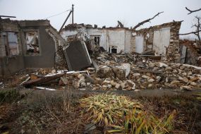 A destroyed house in  Snigurivka city , Mykolaiv Oblast