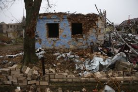 A destroyed house in  Snigurivka city , Mykolaiv Oblast