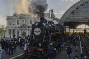 Retro train at the station in Lviv