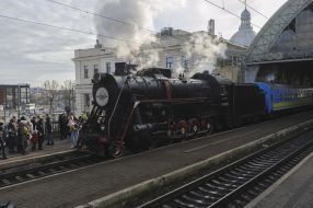 Retro train at the station in Lviv