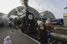 Retro train at the station in Lviv