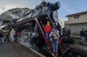 Retro train at the station in Lviv