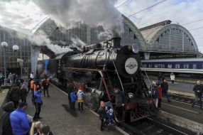 Retro train at the station in Lviv