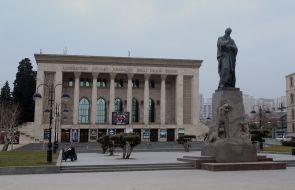 Monument to Muhammad Fuzuli near the building of the Azerbaijan Academic Drama Theater