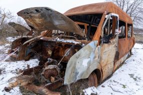 Burnt bus, in which people died, in the Kharkiv region