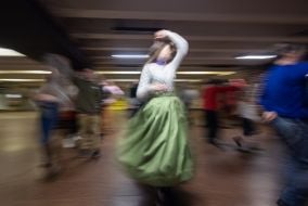 Young people dance in an underpass near the Teatralna metro station in Kyiv