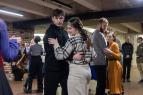 Young people dance in an underpass near the Teatralna metro station in Kyiv