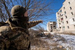 A residential apartment building that was hit by an aerial bomb